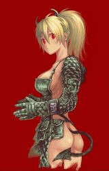 Rule 34 | 1girl, apron, armor, ass, bad id, bad pixiv id, blonde hair, breasts, cleavage, dorohedoro, elbow gloves, from side, gloves, horns, large breasts, long hair, mablex, nikaidou (dorohedoro), no panties, ponytail, red eyes, sideboob, simple background, solo, tail