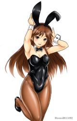 Rule 34 | 1girl, animal ears, arashio (kancolle), black leotard, bow, bowtie, breasts, brown eyes, brown hair, brown pantyhose, covered navel, detached collar, fake animal ears, kantai collection, komon06114592, leotard, long hair, looking at viewer, medium breasts, one-hour drawing challenge, pantyhose, playboy bunny, rabbit ears, shiny clothes, simple background, solo, standing, standing on one leg, strapless, strapless leotard, twitter username, white background, white bow, white bowtie, wing collar, wrist cuffs