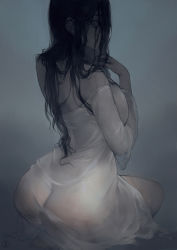 Rule 34 | 1girl, ass, bare shoulders, black hair, breast press, breasts, commentary, from behind, grey background, hair over one eye, highres, large breasts, long hair, looking at viewer, looking back, nat the lich, no panties, sitting, solo, the ring, yamamura sadako