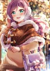 Rule 34 | 1girl, :d, absurdres, aqua eyes, bag, blurry, blurry background, blush, brown capelet, capelet, dress, earmuffs, floating hair, fur-trimmed capelet, fur-trimmed dress, fur trim, hair between eyes, handbag, highres, long hair, long sleeves, looking at viewer, love live!, love live! school idol project, nota ika, open mouth, purple hair, short dress, smile, solo, standing, sweater, sweater dress, tojo nozomi, twitter username, very long hair, winter, yellow dress