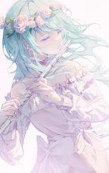 Rule 34 | 1girl, absurdres, aqua hair, bare shoulders, blue hair, bow, choker, dress, earrings, flower, flower earrings, flower wreath, flute, frilled dress, frills, head wreath, highres, holding, holding instrument, instrument, jewelry, kusanagi nene, lie lack1080, long hair, long sleeves, music, off-shoulder dress, off shoulder, parted lips, pink choker, pink flower, pink nails, pink rose, playing instrument, project sekai, purple eyes, rose, simple background, solo, white background, white bow, white dress
