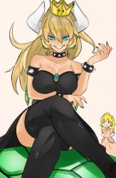 Rule 34 | 2girls, absurdres, armlet, bare shoulders, black dress, blonde hair, blue eyes, bowsette, bracelet, breasts, cleavage, collar, crown, dress, grin, highres, horns, jewelry, large breasts, long hair, looking at viewer, maichaoko, mario (series), multiple girls, new super mario bros. u deluxe, nintendo, pointy ears, ponytail, princess peach, sitting, smile, spiked bracelet, spiked collar, spiked tail, spikes, super crown, tail, turtle shell