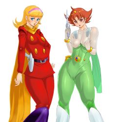 Rule 34 | 1960s (style), 1970s (style), 2girls, :o, abs, ahoge, armor, belt, blonde hair, blue eyes, blush, bodysuit, boots, bracelet, breasts, brown hair, buttons, cameltoe, cape, covered erect nipples, crossover, curvy, cyborg, cyborg 003, cyborg 009, francoise arnoul, gun, hair ornament, hairband, hand on own hip, hip focus, holding, holster, hyouga senshi gaislugger, jewelry, jpeg artifacts, knee boots, lipstick, long hair, looking at viewer, makeup, medium breasts, multiple girls, nail polish, oldschool, open mouth, pink eyes, pink nails, retro artstyle, scarf, short hair, simple background, skin tight, spiked hair, standing, tani mari, thick thighs, thighs, weapon, white background, wide hips, zen and retro