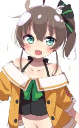 Rule 34 | 1girl, :d, absurdres, ahoge, bare shoulders, black bow, black camisole, blush, bow, brown hair, camisole, cat hair ornament, collarbone, commentary request, hair between eyes, hair bow, hair ornament, highres, hololive, jacket, looking at viewer, natsuiro matsuri, natsuiro matsuri (1st costume), navel, off-shoulder jacket, off shoulder, okota mikan, open mouth, orange jacket, pinstripe camisole, pinstripe pattern, short sleeves, side ponytail, simple background, smile, solo, striped, striped bow, upper body, virtual youtuber, white background