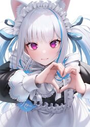 Rule 34 | 1girl, animal ear fluff, animal ears, apron, blue hair, blush, cat ears, closed mouth, hair ribbon, heart, heart hands, highres, leaning forward, lize helesta, lize helesta (9th costume), long sleeves, looking at viewer, maid, maid headdress, multicolored hair, nijisanji, puffy long sleeves, puffy sleeves, purple eyes, ribbon, simple background, solo, suraimu (suraimuraimu), two-tone hair, upper body, virtual youtuber, white apron, white background, white hair