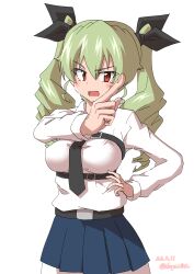 Rule 34 | 1girl, absurdres, anchovy (girls und panzer), anzio school uniform, black necktie, blue skirt, blush, breasts, dated, drill hair, drops mint, girls und panzer, green hair, hair ribbon, highres, large breasts, long hair, looking at viewer, miniskirt, necktie, open mouth, red eyes, ribbon, school uniform, shirt, signature, simple background, skirt, smile, solo, twin drills, white background, white shirt