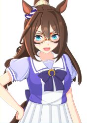 Rule 34 | 1girl, 2-butani, absurdres, animal ears, blurry, blurry background, blush, bow, breasts, brown hair, closed mouth, commentary request, depth of field, el condor pasa (umamusume), eye mask, hand on own hip, highres, horse ears, horse girl, horse tail, long hair, medium breasts, pleated skirt, ponytail, puffy short sleeves, puffy sleeves, purple bow, purple shirt, sailor collar, school uniform, shirt, short sleeves, skirt, smile, solo, tail, tracen school uniform, twitter username, umamusume, upper body, very long hair, white sailor collar, white skirt