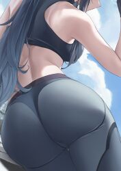 Rule 34 | 1girl, absurdres, ass, ass focus, black leggings, black sports bra, blue archive, breasts, close-up, comiket 102, from behind, highres, leggings, long hair, median furrow, medium breasts, saori (blue archive), solo, sports bra, straight hair, very long hair, yabacha