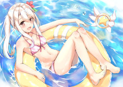 Rule 34 | 1girl, :d, bare legs, barefoot, bikini, blush, breasts, collarbone, fate/kaleid liner prisma illya, fate (series), feet, floating, front-tie bikini top, front-tie top, hair between eyes, illyasviel von einzbern, innertube, long hair, looking at viewer, magical ruby, ocean, open mouth, pink bikini, side ponytail, sidelocks, silver hair, small breasts, smile, solo, striped bikini, striped clothes, swim ring, swimsuit, tailam, toes