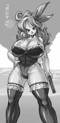 Rule 34 | 1girl, abs, bare arms, bare shoulders, basara, breasts, cameltoe, cleavage, cloud, collarbone, covered navel, dragon ball, dragonball z, gun, hair ribbon, hairband, highres, holding gun, huge breasts, impossible clothes, legs, lingerie, long hair, looking at viewer, lunch (dragon ball), monochrome, ocean, outdoors, ribbon, sky, sleeveless, smile, solo, standing, thick thighs, thighhighs, thighs, underwear, water, wavy hair, weapon