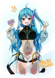 Rule 34 | 1girl, :d, against fourth wall, against glass, ahoge, belt, black shirt, blue hair, blue jacket, blush, breasts, cellphone, commentary, cowboy shot, crop top, crossed bangs, dated, fang, flower, fourth wall, hair between eyes, hair flower, hair ornament, highres, holding, holding phone, jacket, large breasts, lipstick mark, long sleeves, looking at viewer, multicolored clothes, multicolored jacket, navel, notice lines, off shoulder, one side up, open belt, open fly, open mouth, original, phone, pink eyes, popura, rantia, see-through, shirt, short shorts, shorts, sidelocks, signature, single bare shoulder, skin fang, sleeveless, sleeveless shirt, smartphone, smile, solo, standing, stomach, two-tone jacket, white background, white jacket, white shorts, yellow belt