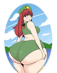 Rule 34 | 1girl, ass, ass focus, ass grab, bikini, breasts, curvy, highres, hong meiling, huge ass, large breasts, long hair, looking back, petapeta, red hair, sky, solo, swimsuit, thick thighs, thighs, touhou, wide hips