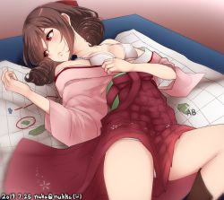 Rule 34 | 1girl, artist name, bare shoulders, bow, bra, brown hair, commentary request, dated, drill hair, hair bow, hakama, hakama skirt, harukaze (kancolle), highres, japanese clothes, kantai collection, kimono, looking to the side, lying, map, meiji schoolgirl uniform, nuka (nvkka), one-hour drawing challenge, pink kimono, red bow, red eyes, red hakama, skirt, solo, table, twin drills, twitter username, underwear, white bra