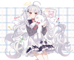 Rule 34 | 1girl, ahoge, akira (ying), animal ears, apron, bear ears, black dress, black sailor collar, blush, closed mouth, copyright request, crayon, dress, ear piercing, grey shirt, halo, highres, holding, holding stuffed toy, long sleeves, looking at viewer, nijisanji, notepad, piercing, red eyes, sailor collar, shirt, silver hair, sleeves past wrists, smile, solo, striped clothes, striped dress, stuffed animal, stuffed toy, teddy bear, twintails, vertical-striped clothes, vertical-striped dress, virtual youtuber, virtuareal, white apron, white background