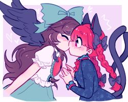 Rule 34 | 2girls, animal ears, bird wings, black bow, black wings, blunt bangs, border, bow, braid, brown hair, cat ears, cat tail, closed eyes, cropped torso, dreamysuite, dress, extra ears, feathered wings, from side, green bow, green dress, green skirt, hair bow, hair ribbon, hands up, kaenbyou rin, kiss, long hair, looking at another, multiple girls, multiple tails, nekomata, outside border, profile, puffy short sleeves, puffy sleeves, red eyes, red hair, reiuji utsuho, ribbon, shirt, short sleeves, skirt, tail, third-party edit, touhou, tress ribbon, twin braids, twintails, two tails, upper body, very long hair, white border, white shirt, wings, yuri
