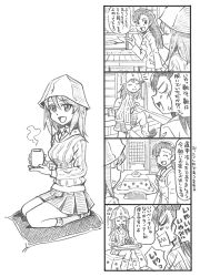 Rule 34 | 10s, 2girls, 4koma, angry, architecture, bbb (friskuser), carrying, carrying under arm, chi-hatan military uniform, comic, commentary request, cup, cushion, east asian architecture, closed eyes, girls und panzer, greyscale, hair between eyes, hand up, hat, highres, instrument, jacket, kantele, keizoku school uniform, kotatsu, long hair, long sleeves, mika (girls und panzer), monochrome, multiple girls, nishi kinuyo, open mouth, pleated skirt, school uniform, seiza, shaded face, sitting, sitting on object, skirt, sliding doors, socks, steam, sweatdrop, table, translation request