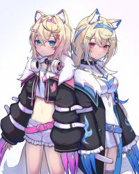 Rule 34 | 2girls, animal ear fluff, animal ears, ao ne, belt, belt collar, black belt, black collar, black jacket, blonde hair, blue eyes, blue hair, blue nails, collar, cropped jacket, cropped shirt, dog ears, dog girl, dog tail, dress, fake claws, frilled shorts, frills, fur-trimmed jacket, fur trim, fuwawa abyssgard, fuwawa abyssgard (1st costume), hair ornament, hairpin, headphones, headphones around neck, highres, hololive, hololive english, jacket, long hair, looking at viewer, medium hair, mococo abyssgard, mococo abyssgard (1st costume), multicolored hair, multiple girls, nail polish, pink belt, pink eyes, pink hair, shirt, short shorts, shorts, siblings, single fishnet legwear, sisters, smile, spiked collar, spikes, streaked hair, tail, twins, virtual youtuber, white dress, white shirt, white shorts, x hair ornament