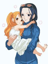 Rule 34 | 2girls, :i, aged down, angry, arms around neck, bare shoulders, barefoot, black hair, blue eyes, blue sweater, carrying, carrying person, child, dress, eyewear on head, flower, highres, long hair, long sleeves, looking at another, looking at viewer, multiple girls, nami (one piece), nico robin, one piece, one piece film: z, orange eyes, orange hair, parted bangs, pout, ribbed sweater, simple background, smile, sweater, swept bangs, turtleneck, turtleneck sweater, twintails, urasanmyaku, white dress