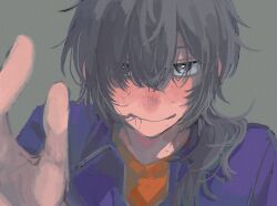 Rule 34 | 1boy, closed mouth, ensemble stars!, grey background, grey eyes, grey hair, hair in own mouth, highres, jacket, looking at viewer, low side ponytail, male focus, orange shirt, pov, purple jacket, shiina niki, shirt, simple background, smile, smyk521, solo, sweatdrop