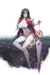 Rule 34 | 1girl, absurdres, adele (maplestory), black hair, commission, dirt, fireflies, full body, grass, grey hair, highres, holding, holding sword, holding weapon, jacket, long hair, long sleeves, lud, maplestory, open mouth, red jacket, red nails, solo, sword, teeth, uniform, upper teeth only, very long hair, weapon, white background