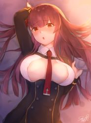 Rule 34 | 1girl, bad id, bad pixiv id, bed sheet, black skirt, blazer, blush, breasts, buttons, double-breasted, girls&#039; frontline, gloves, hair ribbon, half updo, high-waist skirt, highres, jacket, large breasts, long hair, looking at viewer, lying, necktie, no bra, on back, one side up, open mouth, purple hair, red eyes, red necktie, ribbon, sheet grab, shirayuiii, shirt, sidelocks, skirt, solo, tearing up, very long hair, wa2000 (girls&#039; frontline)