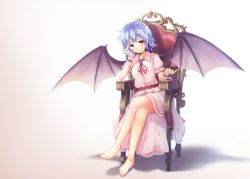 Rule 34 | 1girl, bare legs, barefoot, bat wings, blue eyes, blue hair, chair, cup, drinking glass, fang, fang out, hand in own hair, legs, crossed legs, looking at viewer, matching hair/eyes, oukatihiro, pink hair, puffy sleeves, red eyes, remilia scarlet, sharp toenails, sitting, smile, solo, toenails, touhou, wine glass, wings, wrist cuffs