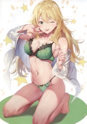 Rule 34 | 1girl, ;p, absurdres, ahoge, barefoot, blonde hair, bra, breasts, cleavage, finger to mouth, full body, green bra, green eyes, green panties, hand to own mouth, highres, hoshii miki, idolmaster, idolmaster (classic), kneeling, long hair, long legs, medium breasts, navel, off shoulder, one eye closed, open clothes, open shirt, panties, shirt, simple background, sola (solo0730), solo, tongue, tongue out, underwear, v-shaped eyebrows, white background
