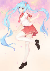 Rule 34 | 1girl, absurdres, ahoge, blue eyes, blue hair, from side, full body, hatsune miku, highres, loafers, long hair, nakor., panties, red skirt, school uniform, serafuku, shoes, sidelocks, skirt, solo, striped clothes, striped panties, thighhighs, triangle mouth, twintails, underwear, very long hair, vocaloid, white thighhighs