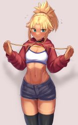 Rule 34 | 1girl, absurdres, blonde hair, blush, breasts, choker, cowboy shot, denim, denim shorts, fate/apocrypha, fate (series), female focus, flying sweatdrops, green eyes, grey background, highres, hood, hood down, long sleeves, midriff, mordred (fate), mordred (memories at trifas) (fate), navel, ponytail, shorts, shrug (clothing), simple background, small breasts, smile, solo, tan, tanline, thighhighs, toin (iitoin)