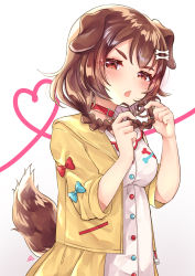 Rule 34 | 1girl, animal collar, animal ears, blue bow, blush, bone hair ornament, bow, braid, brown eyes, brown hair, buttons, collar, dog ears, dog girl, dog tail, dress, embarrassed, eyebrows, hair ornament, hairclip, heart, heart of string, highres, hololive, inugami korone, inugami korone (1st costume), jacket, long hair, looking at viewer, low twin braids, low twintails, nanawo (7nanawo), playing with own hair, raised eyebrow, red bow, red collar, solo, sparkling eyes, tail, thick eyebrows, twin braids, twintails, upper body, virtual youtuber, white background, white dress, yellow jacket
