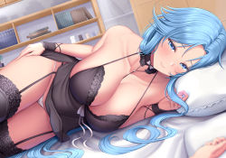 1girl, absurdres, azur lane, bangs, bare shoulders, black legwear, blue eyes, blue hair, blurry, blurry foreground, book, book stack, bookshelf, breasts, closed mouth, collarbone, commentary, eyebrows visible through hair, garter straps, half-closed eyes, hand on own thigh, head on pillow, highres, indoors, large breasts, light blush, lingerie, long hair, looking at viewer, lying, melopun, official alternate costume, on bed, on side, panties, parted bangs, pillow, pov, pov hands, ribbon, solo focus, sovetskaya belorussiya (azur lane), sovetskaya belorussiya (relaxation stratagem) (azur lane), thighhighs, thighs, underwear, very long hair, white panties, white ribbon