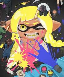 Rule 34 | 1other, 2boys, 2girls, absurdres, black hair, black pants, blonde hair, blue pants, blue shirt, brown hair, cat, facing down, footprints, from above, green jacket, hands on own hips, highres, inkling, inkling girl, inkling player character, jacket, kneeling, kojiro337, looking at viewer, multiple boys, multiple girls, mural, nintendo, one eye closed, out of frame, paint can, paint on clothes, paint roller, paint splatter, painting (action), pants, pointy ears, shirt, shoes, short sleeves, sneakers, splatoon (series), splatoon 3, tarpaulin, white shirt