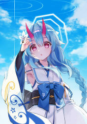 Rule 34 | 1girl, absurdres, armpits, blue archive, braid, chise (blue archive), cloud, cloudy sky, detached sleeves, flower, hair between eyes, hair flower, hair ornament, highres, horns, japanese clothes, kimono, long braid, long hair, long sleeves, looking at viewer, oni horns, open mouth, ribbon, sky, solo, twin braids, yukata
