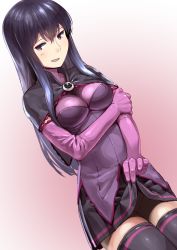 Rule 34 | 1girl, arm grab, black eyes, black hair, black thighhighs, cape, dress, elbow gloves, gloves, gradient background, looking at viewer, no panties, open mouth, original, purple gloves, pussy, shiden (sashimi no wife), skirt, smile, solo, thighhighs