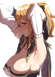 Rule 34 | 1girl, armpits, arms behind head, arms up, blonde hair, blue eyes, blush, breasts, capelet, clearite, cleavage, detached sleeves, genshin impact, jean (genshin impact), large breasts, long hair, looking at viewer, multicolored capelet, simple background, solo, strapless, tube top, white background