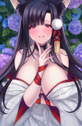 Rule 34 | 1girl, akagi (azur lane), akagi (deep crimson poppy) (azur lane), animal ears, arm under breasts, armpit crease, azur lane, bare shoulders, blunt bangs, blush, breasts, brown hair, cleavage, collarbone, commentary request, cowboy shot, eyeliner, eyeshadow, finger to own chin, flower, fox ears, fox girl, grin, hair ornament, highres, hydrangea, japanese clothes, kimono, large breasts, long hair, looking at viewer, makeup, nail polish, off shoulder, official alternate costume, outdoors, parted bangs, pink nails, pom pom (clothes), rain, red eyes, red eyeshadow, ribbon, smile, solo, standing, teeth, uchikake, white kimono, wide sleeves, wrist ribbon, yukinimaru