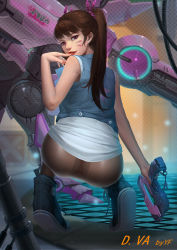 Rule 34 | 1girl, alternate costume, alternate hairstyle, anus, arm at side, artist name, ass, back, bare shoulders, baschyf, brown hair, brown pantyhose, character name, charm (object), crotch seam, d.va (overwatch), eyelashes, facepaint, facial mark, finger to mouth, fingernails, from behind, full body, gun, hair ribbon, hand up, handgun, highres, holding, holding gun, holding weapon, lips, lipstick, long fingernails, long hair, looking at viewer, looking back, makeup, mecha, meka (overwatch), nail polish, no panties, nose, overwatch, overwatch 1, pantyhose, parted lips, pistol, purple eyes, pussy, red lips, red nails, ribbon, robot, see-through, shoes, sleeveless, smile, sneakers, solo, squatting, tiptoes, trigger discipline, uncensored, weapon, whisker markings