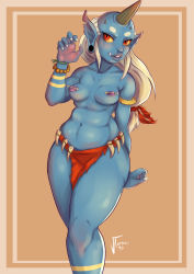 Rule 34 | 1girl, armband, bald spot, blue oni, blue skin, bracelet, breasts, colored sclera, colored skin, curvy, demon girl, earlobes, eyebrows, fangs, hair ribbon, horns, jewelry, lips, loincloth, long earlobes, long hair, low-tied long hair, monster girl, navel, nerdbayne, nipple piercing, nipples, oni, piercing, plump, pointy ears, red eyes, ribbon, single horn, small breasts, standing, thick eyebrows, topless, white hair, wide hips, yellow sclera