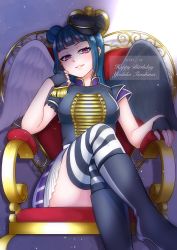 Rule 34 | 1girl, absurdres, artist name, artist request, asymmetrical wings, black footwear, black gloves, black hat, black shirt, black skirt, black wings, blue hair, blush, boots, breasts, chair, collared shirt, crossed legs, epaulettes, female focus, fingerless gloves, frilled sleeves, frills, gloves, hair bun, hat, highres, in the unstabe world, long hair, looking at viewer, love live!, love live! school idol festival, love live! sunshine!!, medium breasts, on chair, parted lips, purple eyes, shirt, short sleeves, shoulder pads, single hair bun, sitting, skirt, smile, solo, striped clothes, striped thighhighs, thighhighs, tsushima yoshiko, white wings, wings, yukayuka