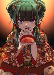 Rule 34 | 1girl, baozi, beads, blue eyes, blunt bangs, box, brown background, chinese clothes, cup, double bun, earrings, flower, food, gradient background, green hair, hair beads, hair bun, hair flower, hair ornament, highres, holding, holding cup, jewelry, kusuriya no hitorigoto, licking lips, lipstick, makeup, maomao (kusuriya no hitorigoto), peanuts omr, plate, smile, solo, tongue, tongue out
