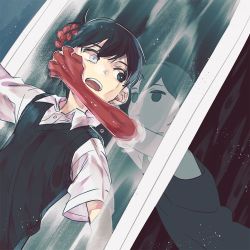Rule 34 | 2boys, black eyes, black hair, commentary, dark persona, demon boy, different reflection, empty eyes, male focus, mirror image, multiple boys, omori, open mouth, pulling another&#039;s clothes, reflection, short hair, short sleeves, sunny (omori), sweater vest, teeth, toastytoast, upper teeth only