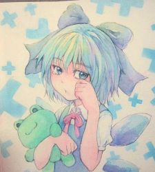 Rule 34 | 1girl, :&lt;, blue eyes, blue hair, bow, cirno, frog, frown, hair bow, holding, ice, ice wings, looking at viewer, looking to the side, matching hair/eyes, neck ribbon, painting (medium), photo (medium), ribbon, sad, short hair, solo, stuffed toy, tearing up, tears, touhou, traditional media, upper body, watercolor (medium), wings, wiping tears, yuyu (00365676)