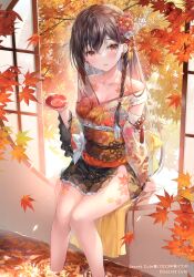 Rule 34 | 1girl, absurdres, arm support, autumn leaves, blush, braid, breasts, brown eyes, brown hair, collarbone, cup, day, floral print, gradient clothes, hair ornament, highres, holding, indoors, japanese clothes, jewelry, kimono, long hair, looking at viewer, miwabe sakura, obi, open mouth, original, partially submerged, sakazuki, sash, scan, sitting, small breasts, solo, thighs, water, wide sleeves, window