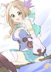 Rule 34 | 1girl, :d, absurdres, arm up, atelier (series), atelier firis, bad id, bad pixiv id, bell, blue background, blue skirt, blush, braid, breasts, broom, broom riding, brown hair, brown thighhighs, cleavage, dated, detached sleeves, feet out of frame, firis mistlud, forehead, green eyes, hair over shoulder, highres, long hair, long sleeves, medium breasts, minidraco, open mouth, parted bangs, pleated skirt, puffy long sleeves, puffy sleeves, single braid, skirt, smile, solo, teeth, thighhighs, upper teeth only, white background, white sleeves, white thighhighs