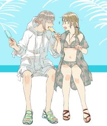 1boy 1girl bikini braid braided_ponytail breasts brown_bikini cleavage commentary_request fate/grand_order fate_(series) food food_in_mouth hair_bun holding holding_food holding_popsicle hood hooded_jacket invisible_chair jacket navel oberon_(fate) oberon_(refreshing_summer_prince)_(fate) oc_x_canon official_alternate_hairstyle original popsicle popsicle_in_mouth sandals shibakou single_hair_bun sitting small_breasts sweatdrop swimsuit white_jacket