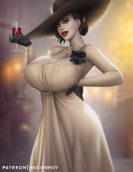 Rule 34 | 1girl, alcina dimitrescu, black flower, black gloves, black rose, blurry, blurry background, breasts, cleavage, cup, dress, drinking glass, earrings, flower, gloves, hand on own hip, hat, highres, huge breasts, jewelry, lips, lipstick, looking at viewer, makeup, mature female, max domikov, necklace, pale skin, pearl earrings, pearl necklace, red lips, resident evil, resident evil village, rose, short hair, smile, solo, sun hat, white dress, wine glass, yellow eyes