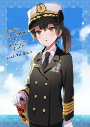 Rule 34 | 1girl, alternate costume, anbutter siruko, black jacket, black neckerchief, blue sky, brown eyes, brown hair, buttons, cloud, commentary request, cowboy shot, day, double-breasted, female service cap, gloves, horizon, jacket, kaga (kancolle), kantai collection, long hair, looking at viewer, military, military uniform, neckerchief, ocean, outdoors, side ponytail, sky, solo, translation request, uniform, white gloves