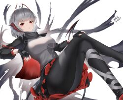 Rule 34 | 1girl, antenna hair, arknights, bandaged leg, bandages, black jacket, black pantyhose, breasts, crossed legs, demon girl, demon horns, demon tail, fingerless gloves, gloves, grey hair, grey scarf, grey shirt, hand on own knee, highres, horns, jacket, large breasts, mohairu (hhooaann), open clothes, open jacket, pantyhose, red eyes, scarf, shirt, short hair, sitting, tail, two-sided fabric, two-sided skirt, w (arknights)