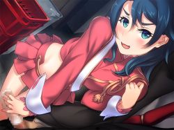 Rule 34 | 1girl, blue eyes, blue hair, blush, breasts, censored, game cg, handjob, legs, long hair, looking at viewer, midriff, mosaic censoring, naughty face, necktie, open mouth, penis, skirt, small breasts, solo focus, standing, suzuki mei, thighs, unzipped, urawaza spectrum