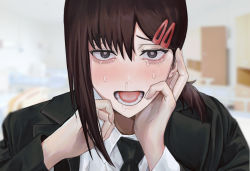 Rule 34 | 1girl, black hair, black necktie, buttericecreamm, chainsaw man, collared shirt, crying, crying with eyes open, formal, hair between eyes, hair ornament, hairclip, hand on own face, higashiyama kobeni, highres, long hair, looking at viewer, necktie, open mouth, sad, saliva, shirt, simple background, single sidelock, snot trail, solo, suit, tears, worried